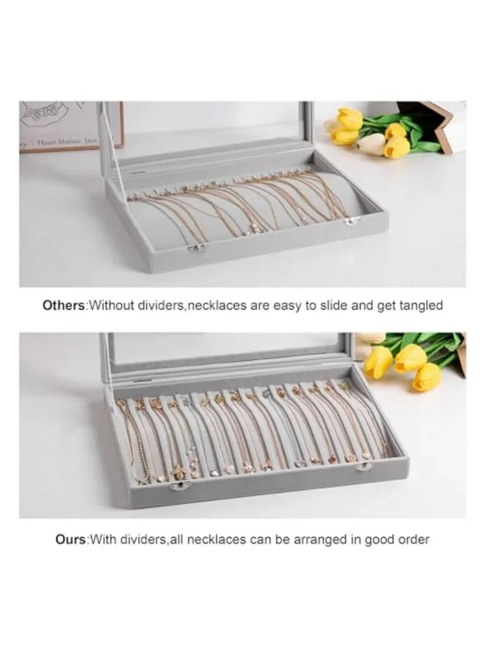 15 Hooks Necklace Organizer,Velvet Necklace Holder Tray with Lid | Jewelry Case
